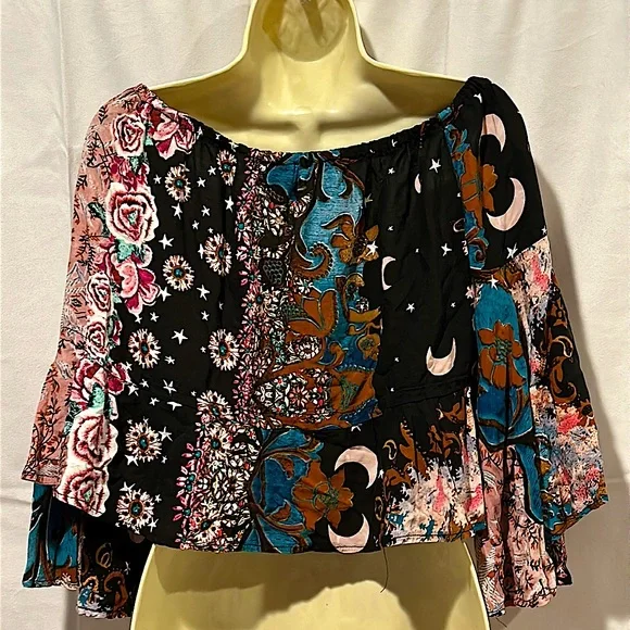 Jaase Boho Floral Multi-color/pattern Flutter Sleeve Crop Top Shirt **Size S** - Picture 2 of 5